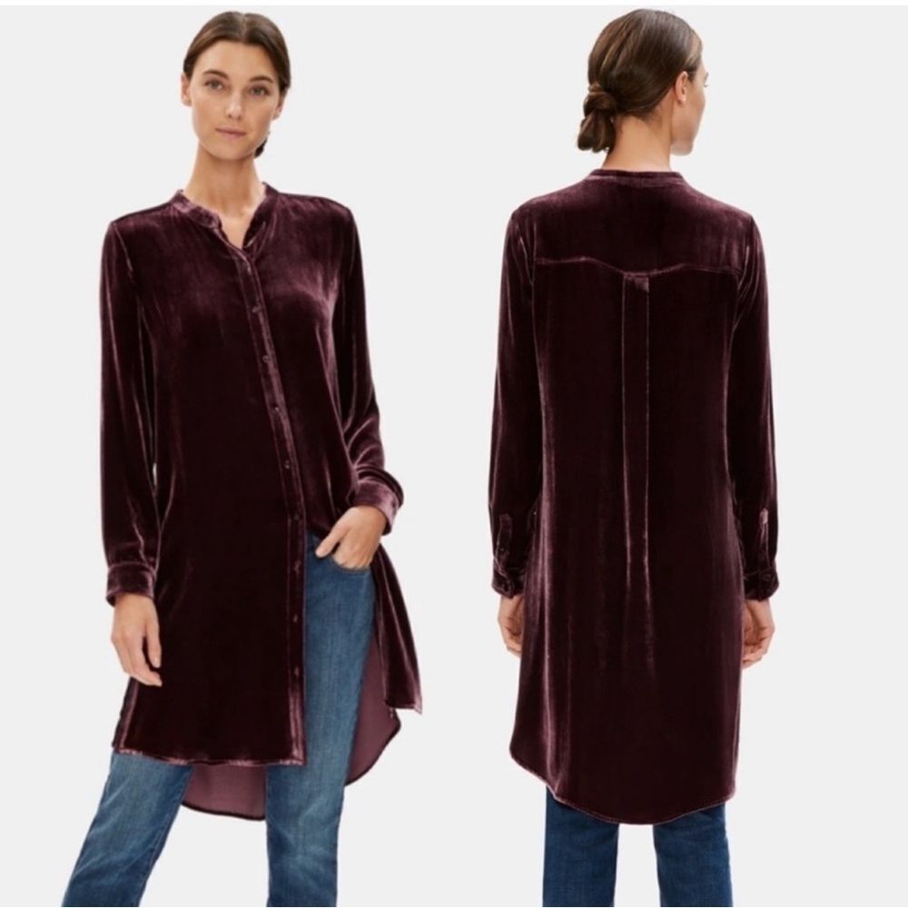 Eileen Fisher Mandarin Collar Long Velvet Shirt Dress Tunic Button Cabernet
Sz L